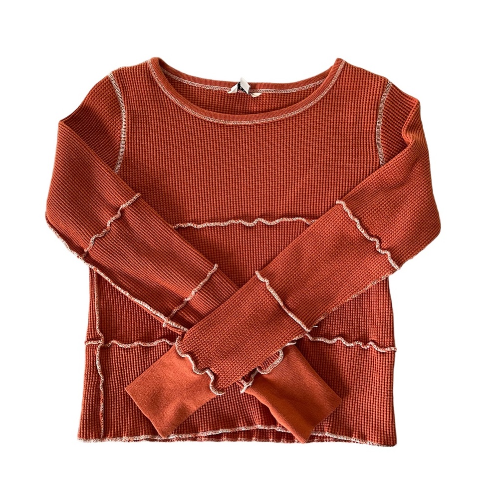 Long Sleeved Burnt Orange Waffle Girls Habitual Kids Shirt White Frills Size S-M